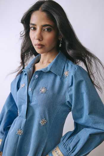 Buy_BABITA M_Blue Denim Collared Neck Ice Bloom Mini Pearl Embellished Dress _Online_at_Aza_Fashions