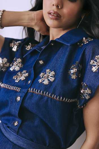BABITA M_Blue Denim Collared Neck Hooked In Indigo Shirt And Skirt Set _Online_at_Aza_Fashions