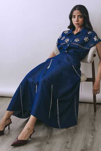 Buy_BABITA M_Blue Denim Collared Neck Hooked In Indigo Shirt And Skirt Set _Online_at_Aza_Fashions
