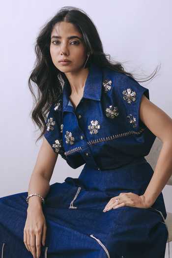 Shop_BABITA M_Blue Denim Collared Neck Hooked In Indigo Shirt And Skirt Set _Online_at_Aza_Fashions