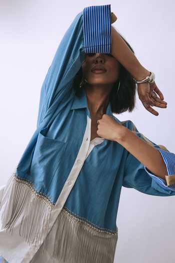 BABITA M Blue Denim Collared Neck Ice Bloom Metallic Chain Shirt And Pant Co-ord Set Online at Aza Fashions BABITA M_Blue Denim Collared Neck Ice Bloom Metallic Chain Shirt And Pant Co-ord Set _Online_at_Aza_Fashions