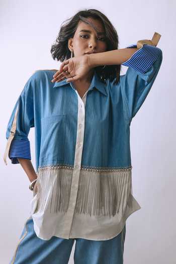 Buy BABITA M Blue Denim Collared Neck Ice Bloom Metallic Chain Shirt And Pant Co-ord Set Online at Aza Fashions Buy_BABITA M_Blue Denim Collared Neck Ice Bloom Metallic Chain Shirt And Pant Co-ord Set _Online_at_Aza_Fashions