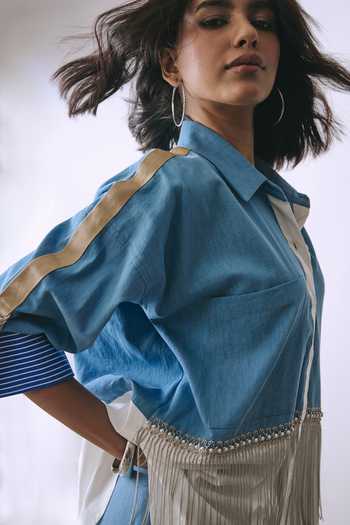Shop BABITA M Blue Denim Collared Neck Ice Bloom Metallic Chain Shirt And Pant Co-ord Set Online at Aza Fashions Shop_BABITA M_Blue Denim Collared Neck Ice Bloom Metallic Chain Shirt And Pant Co-ord Set _Online_at_Aza_Fashions