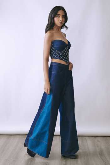 BABITA M Blue Denim Pearls, Metallic Thread Sweetheart Neck Steel Bloom Corset And Pant Set Online at Aza Fashions BABITA M_Blue Denim Pearls, Metallic Thread Sweetheart Neck Steel Bloom Corset And Pant Set _Online_at_Aza_Fashions