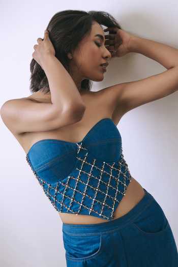 Shop_BABITA M_Blue Denim Pearls, Metallic Thread Sweetheart Neck Aurelia Corset And Pant Set _Online_at_Aza_Fashions