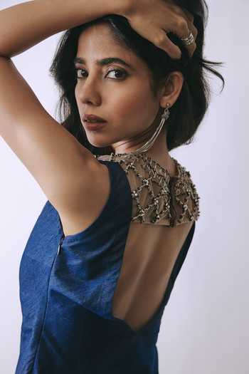 BABITA M_Blue Denim High , Plunge Midnight Hooks And Pearl Lattice Mini Dress _Online_at_Aza_Fashions