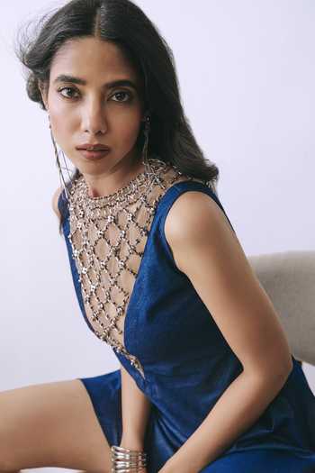 Buy_BABITA M_Blue Denim High , Plunge Midnight Hooks And Pearl Lattice Mini Dress _Online_at_Aza_Fashions