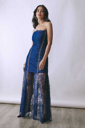 BABITA M Indigo Mirage Strapless Dress With Lace Skirt 