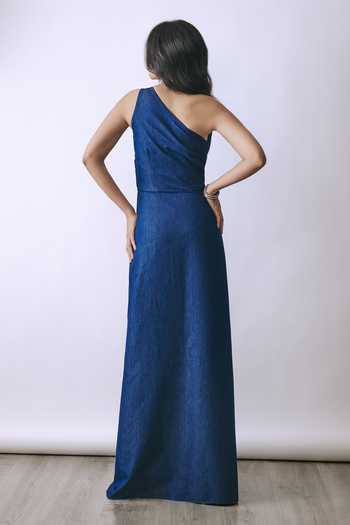 BABITA M Lunar Veil Metallic Pins Denim Slit Gown 