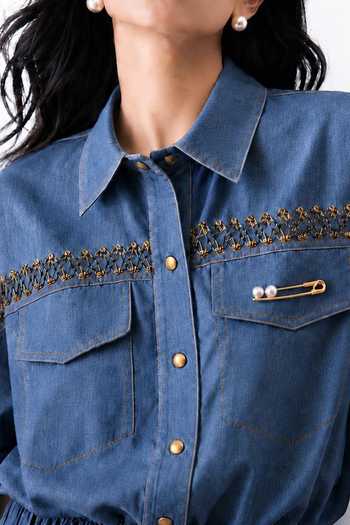 BABITA M Blue Denim Collared Neck Riviera Lattice Safety Pin Shirt And Joggers Set Online at Aza Fashions BABITA M_Blue Denim Collared Neck Riviera Lattice Safety Pin Shirt And Joggers Set _Online_at_Aza_Fashions