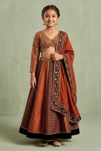 Neha Khullar Orange Floral Geometric Lehenga Set For Kids