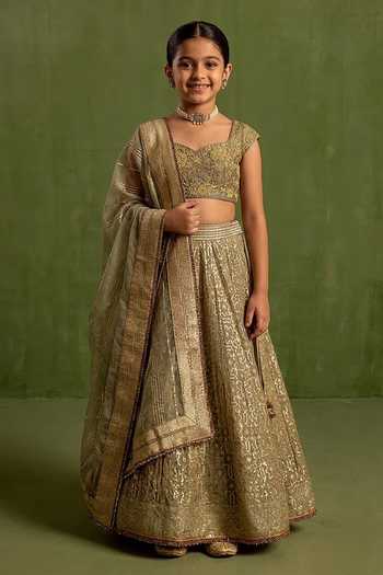 Neha Khullar Mint Green Woven Geometric Lehenga Set For Kids