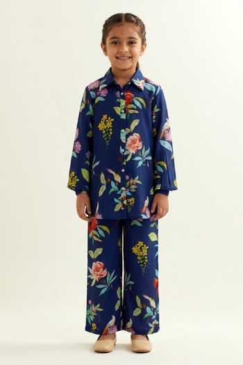 Label Earthen Navy Floral Pattern Shirt Pant Set For Kids