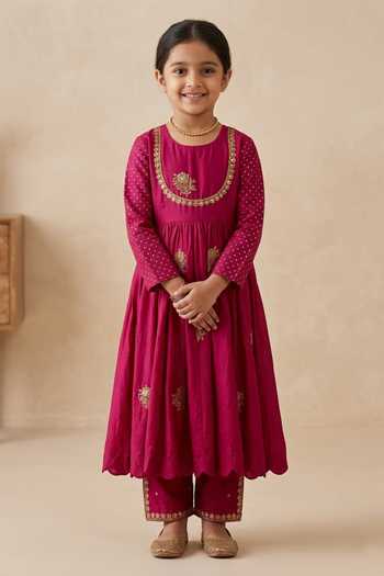 Label Earthen Magenta Zari Embroidered Anarkali & Pant Set For Kids
