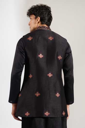Shop Rng Safawala Red Crepe, Silk, Dupion Embroidery Resham Bundi Kurta Set at Aza Fashions Shop_Rng Safawala_Red Crepe, Silk, Dupion Embroidery Resham Bundi Kurta Set _at_Aza_Fashions
