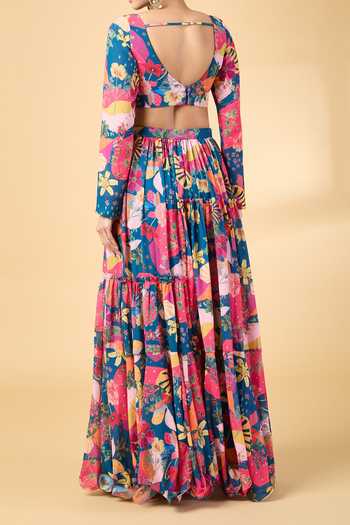 Shop Vana Ethnics Blue Georgette Sequins, Embroidery Floral Print Lehenga Blouse Set For Kids at Aza Fashions Shop_Vana Ethnics_Blue Georgette Sequins, Embroidery Floral Print Lehenga Blouse Set For Kids_at_Aza_Fashions