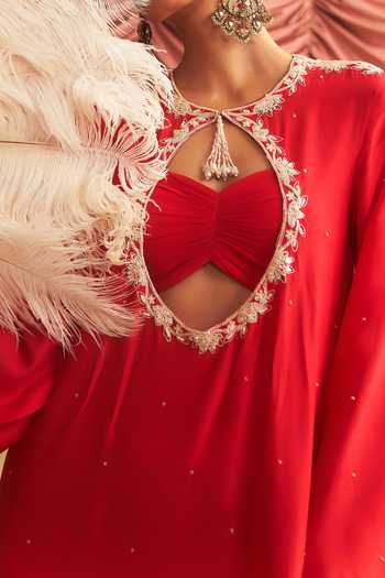 Seema Thukral Pink Georgette, Silk Embroidery Beero Mirror Neckline Kurta With Bralette For Kids Online at Aza Fashions Seema Thukral_Pink Georgette, Silk Embroidery Beero Mirror Neckline Kurta With Bralette For Kids_Online_at_Aza_Fashions