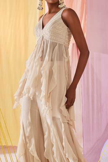 Anu Pellakuru_Off White Georgette, Silk Beads, Pearls Embroidered Tunic And Sharara Pant Set For Kids_Online_at_Aza_Fashions