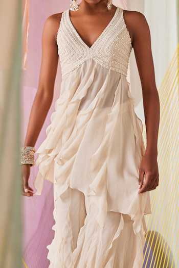Shop_Anu Pellakuru_Off White Georgette, Silk Beads, Pearls Embroidered Tunic And Sharara Pant Set For Kids_Online_at_Aza_Fashions