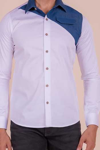 Design O Stitch_White Cotton, Denim Cross Detailed Shirt For Kids_Online_at_Aza_Fashions