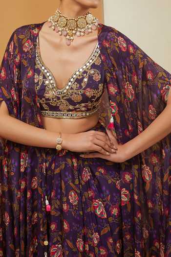 Buy_Neha Khullar_Purple Crepe, Viscose Tassels, Embroidery, Zari Floral Bloom Print Cape Set For Kids_Online_at_Aza_Fashions