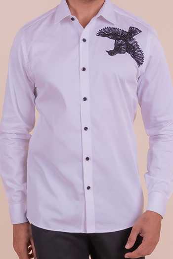 Design O Stitch_White Cotton Embroidery Bird Shirt For Kids_Online_at_Aza_Fashions