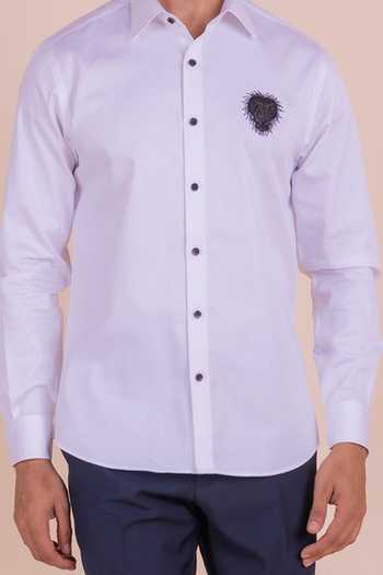 Design O Stitch White Cotton Embroidery Lion Face Shirt For Kids Online at Aza Fashions Design O Stitch_White Cotton Embroidery Lion Face Shirt For Kids_Online_at_Aza_Fashions