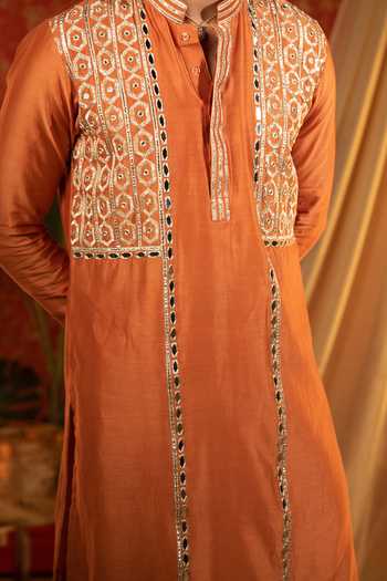 Buy_Kaaj Button_Orange Chanderi Silk, Cotton Mirrors Work Kurta Set For Kids_Online_at_Aza_Fashions