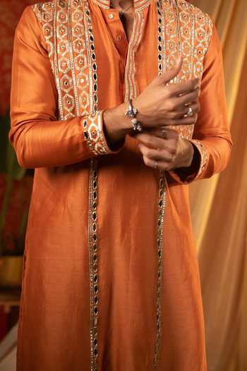 Shop_Kaaj Button_Orange Chanderi Silk, Cotton Mirrors Work Kurta Set For Kids_Online_at_Aza_Fashions