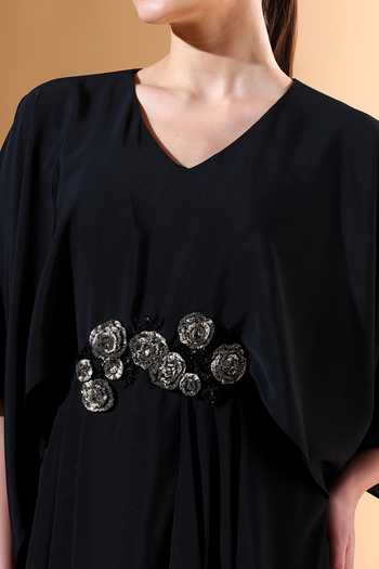 Aakaar X AZA_Black Silk, Crepe Embroidery, Applique Embellished High-low Dress For Kids_Online_at_Aza_Fashions