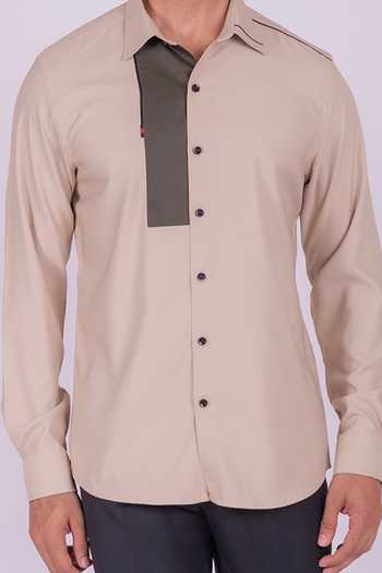 Design O Stitch_Beige Cotton Lace, Patchwork Soft Embroidered Shirt For Kids_Online_at_Aza_Fashions