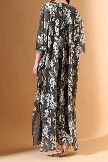 Shop Aakaar X AZA Gold Modal, Mohair Sequins, Beads Floral Pattern Textured Cape Dress Set For Kids at Aza Fashions Shop_Aakaar X AZA_Gold Modal, Mohair Sequins, Beads Floral Pattern Textured Cape Dress Set For Kids_at_Aza_Fashions