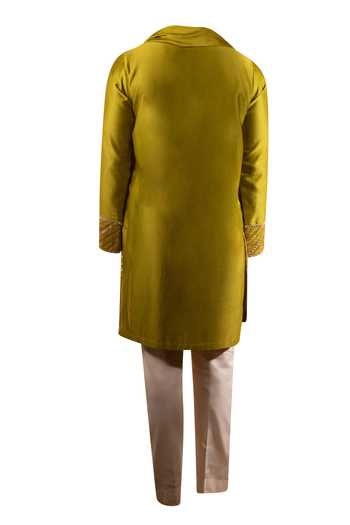 Kaaj Button Woven Stripe Kurta Set For Kids
