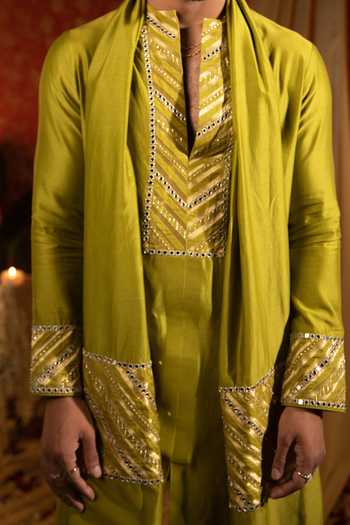 Buy_Kaaj Button_Green Cotton Satin, Chanderi Silk Beads, Mirrors Woven Stripe Kurta Set For Kids_Online_at_Aza_Fashions