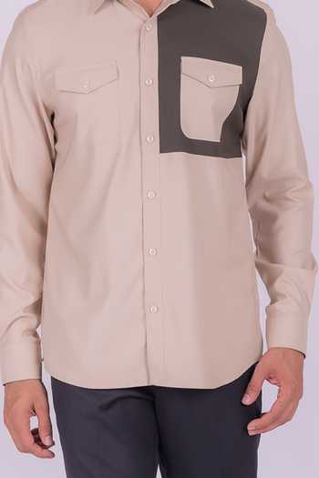 Design O Stitch Beige Cotton Piping Soft Flap Pocket Shirt For Kids Online at Aza Fashions Design O Stitch_Beige Cotton Piping Soft Flap Pocket Shirt For Kids_Online_at_Aza_Fashions
