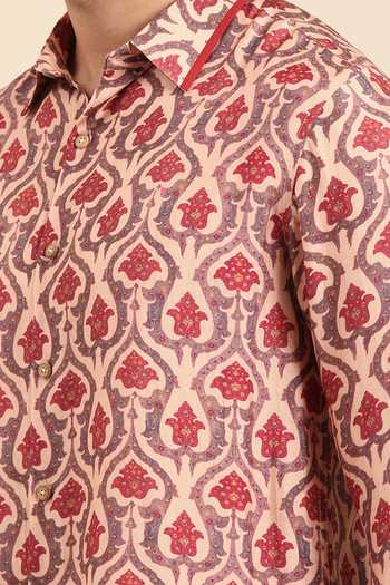 Mayank Modi - Men Peach Muslin Mughal Floral Print Front Placket Shirt For Kids Online at Aza Fashions Mayank Modi - Men_Peach Muslin Mughal Floral Print Front Placket Shirt For Kids_Online_at_Aza_Fashions