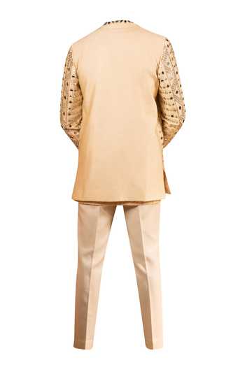 Kaaj Button Beige Mirror Work Bandhgala Set For Kids
