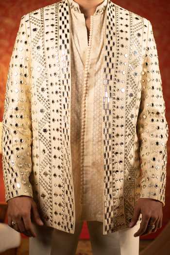 Buy_Kaaj Button_Beige Chanderi , Cotton Satin, Mirrors Work Bandhgala Set For Kids_Online_at_Aza_Fashions
