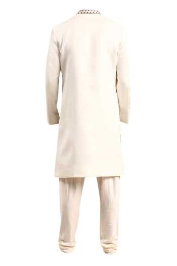 Mayank Modi - Men Ivory Thread Embroidered Sherwani & Churidar Set For Kids