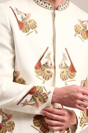 Mayank Modi - Men_Ivory Silk, Bamboo Embroidery Thread Sherwani And Churidar Set For Kids_Online_at_Aza_Fashions