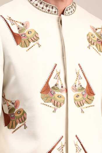 Buy_Mayank Modi - Men_Ivory Silk, Bamboo Embroidery Thread Sherwani And Churidar Set For Kids_Online_at_Aza_Fashions