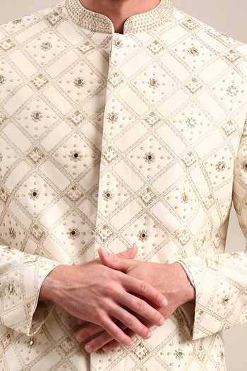 Buy_Mayank Modi - Men_Ivory Chanderi Geometric Embroidered Sherwani And Churidar Set For Kids_Online_at_Aza_Fashions