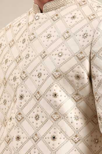 Mayank Modi - Men_Ivory Chanderi Geometric Embroidered Sherwani And Churidar Set For Kids_Online_at_Aza_Fashions