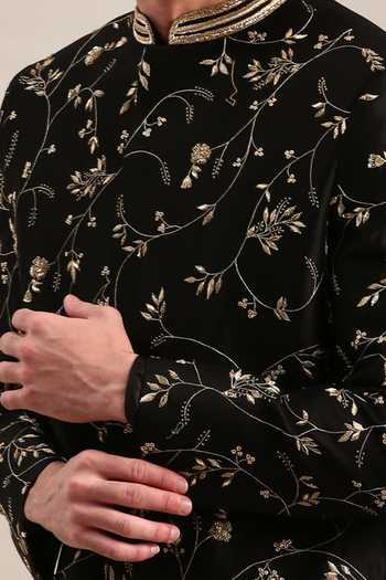 Shop_Mayank Modi - Men_Black Chanderi Sequins, Embroidery Floral Sherwani And Churidar Set For Kids_Online_at_Aza_Fashions