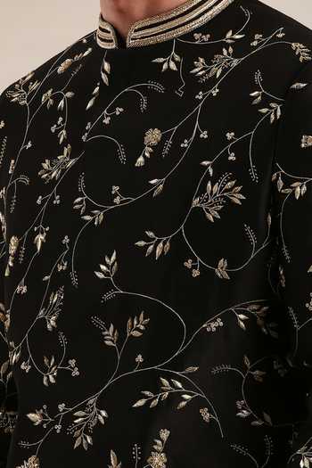 Mayank Modi - Men_Black Chanderi Sequins, Embroidery Floral Sherwani And Churidar Set For Kids_Online_at_Aza_Fashions