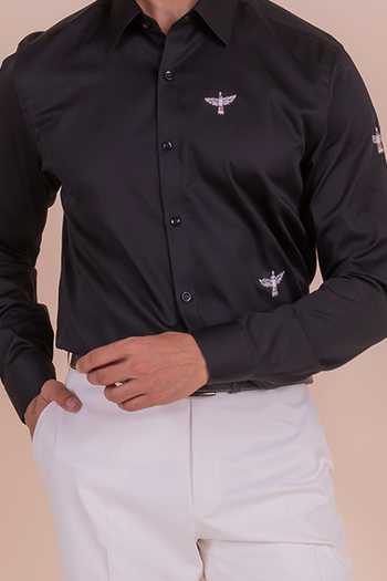 Design O Stitch Black Cotton Embroidery Bird Shirt For Kids Online at Aza Fashions Design O Stitch_Black Cotton Embroidery Bird Shirt For Kids_Online_at_Aza_Fashions