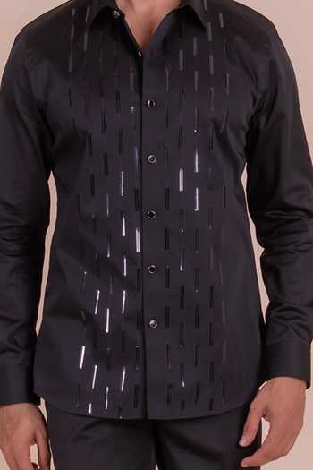 Design O Stitch_Black Cotton Metallic Thread Lace Embroidered Shirt For Kids_Online_at_Aza_Fashions