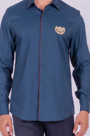 Design O Stitch_Blue Cotton Embroidery Crown Shirt With Contrast Placket For Kids_Online_at_Aza_Fashions