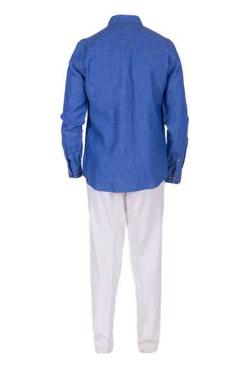 Design O Stitch Bird Embroidered Blue Linen Shirt For Kids
