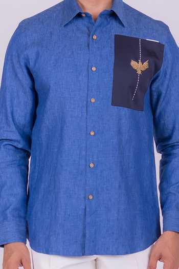 Design O Stitch Blue Cotton, Linen Embroidery Bird Shirt For Kids Online at Aza Fashions Design O Stitch_Blue Cotton, Linen Embroidery Bird Shirt For Kids_Online_at_Aza_Fashions